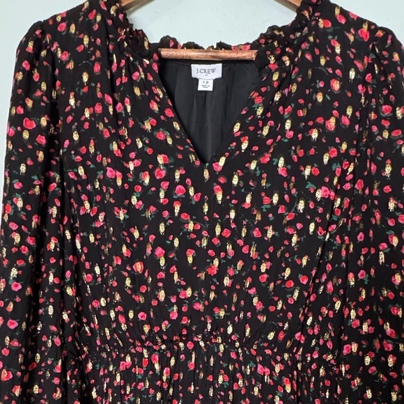 J.Crew Ruffleneck Mini Dress Metallic Rose Pattern Elastic Waist Size 12 - Picture 5 of 11